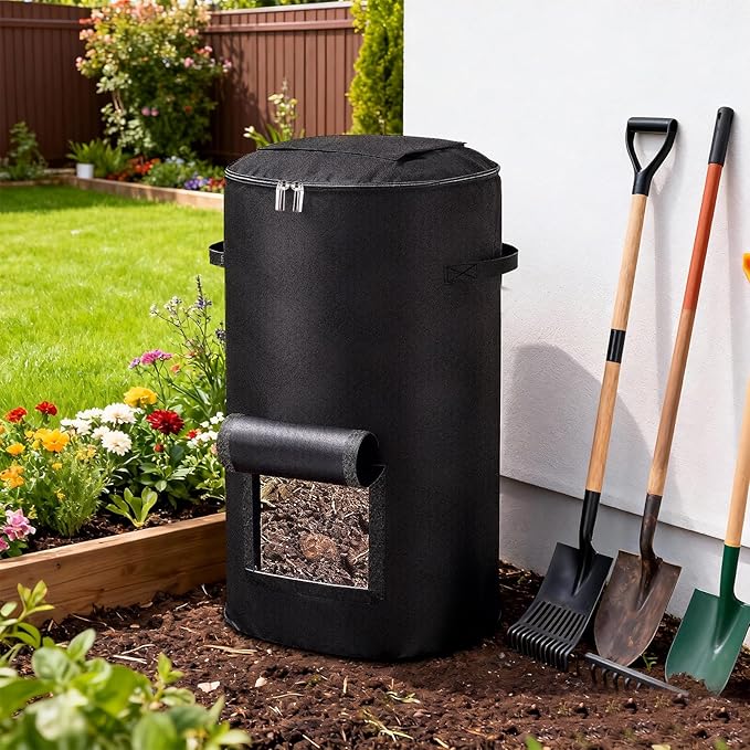 2 Pack Compost Bins Outdoor, 34 Gallon Reusable Home Compost Bucket with Observation Windows for Outside Garden, Backyard, Heavy Duty Nonwoven Fabric Yard Waste Bag