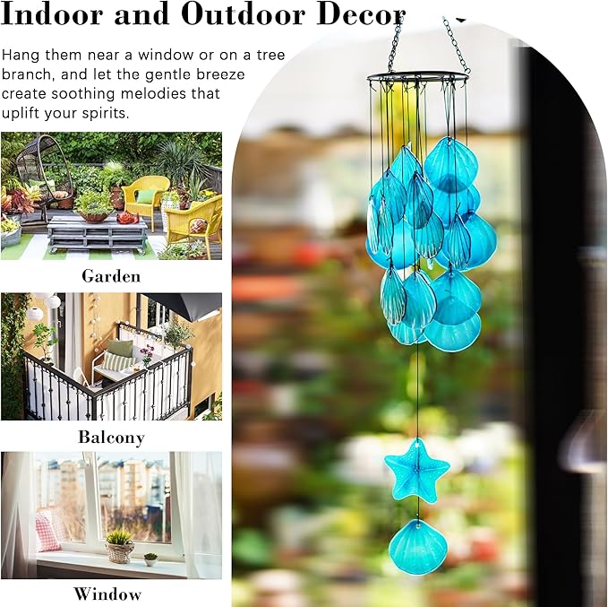 Stained Glass Wind Chimes for Outside,Handmade Large 25 inch Memorial Windchimes Outdoor,Sea Glass Decor for Patio Garden Balcony Porch (Shell & Starfish)