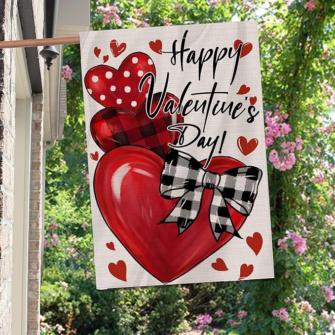 Happy Valentines Day Garden Flag 28x40 Inch Double Sided Outside, Love Hearts Valentine Decorations Burlap House Flags Rustic Anniversary Yard Welcome Outdoor Farmhouse