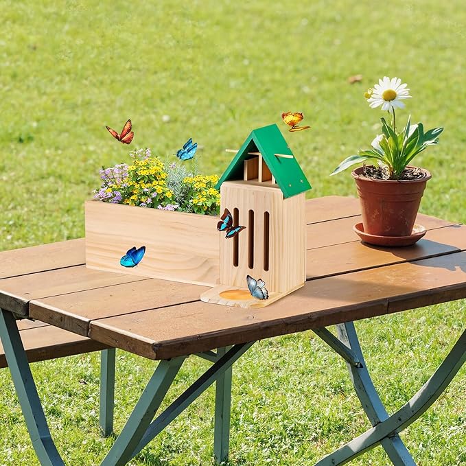 Wooden Butterfly House for Garden, Butterfly House and Feeder with Flower Pot, Natural Butterflies Habitat Butterfly Shelter Hotel for Butterflies, Bees, Ladybug