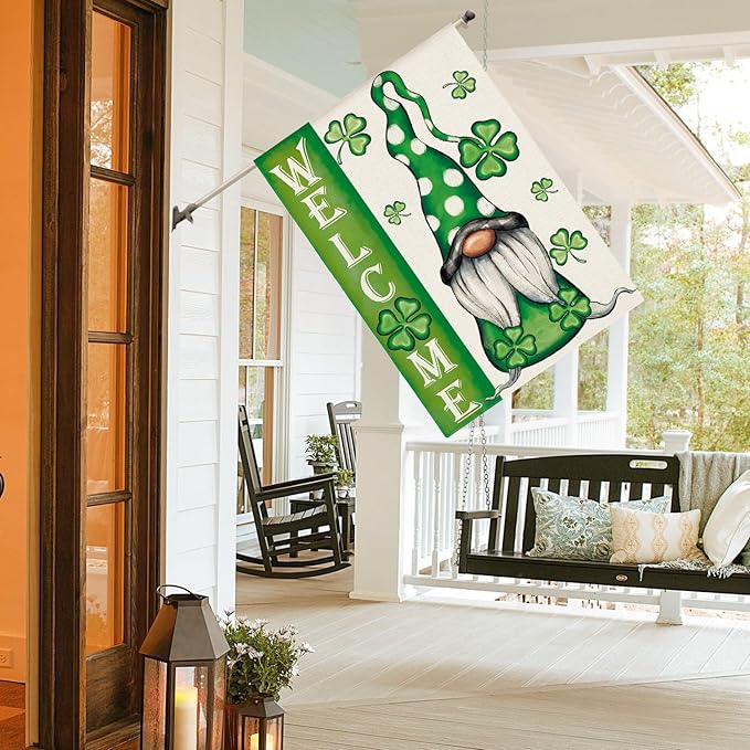 AVOIN colorlife Welcome St Patricks Day House Flag 28 x 40 Inch Double Sided, Leprechaun Gnome Shamrock Lucky Clover Holiday Yard Outdoor Flag