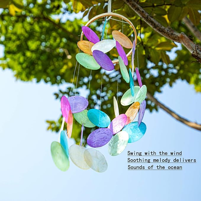 Rainbow Capiz Seashell Wind Chimes Outdoor Indoor Hanging Handmade Painted Colorful Beach Coast Ocean Home Decorative Hanging Mobiles Memorial Sympthy Gift