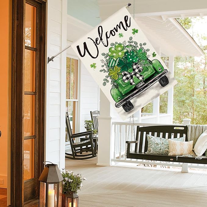 AVOIN colorlife St Patricks Day Truck House Flag 28x40 Inch Double Sided Outside, Lucky Shamrocks Clovers Welcome Yard Outdoor Decoration