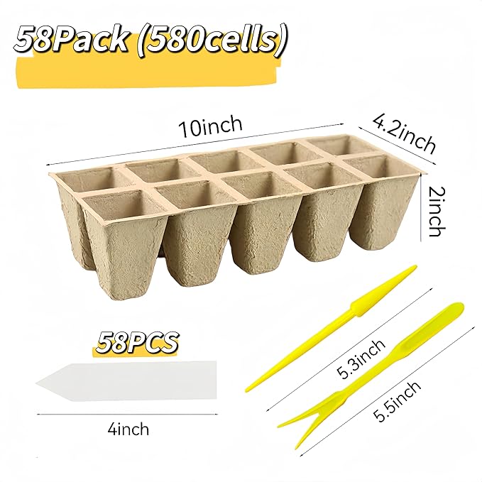 580 Cells Seed Starter Tray 58 Packs Biodegradable Peat Pots Germination Trays Organic Seed Starting Trays kit with 58 Labels 2 Transplant Tools