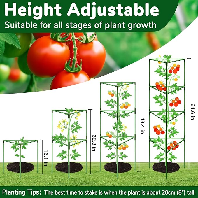 [Upgraded] ZeeDix 65 Inch Tall Tomato Cages for Garden, 4 Pack Large Plant Trellis Support Stakes for Climbing Plants, Heavy Duty Adjustable Tomatoes Cage for Pots, Raised Garden Bed Outdoor Supplies
