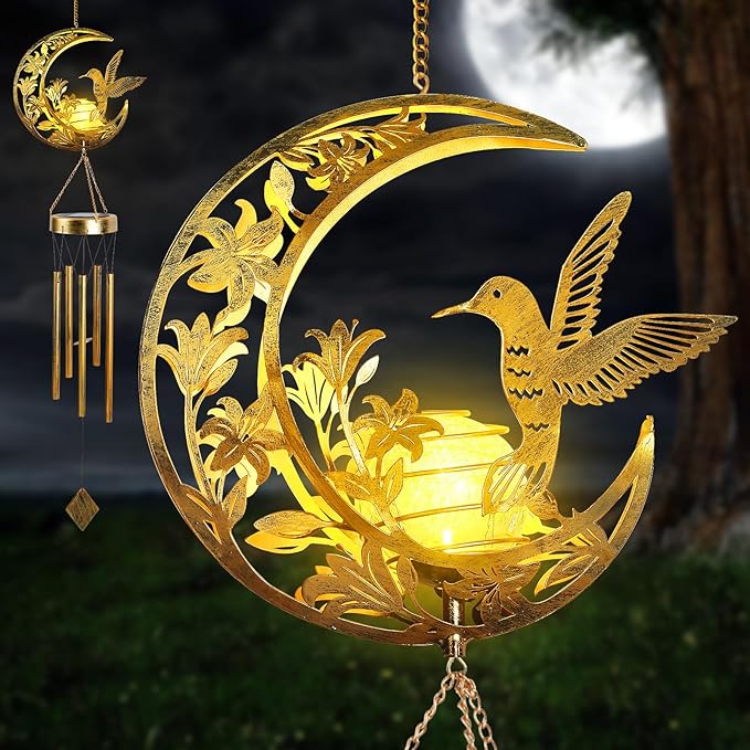 Hummningbird Solar Outdoor Wind Chimes - Unique Moon Hummingbird Design, for Mothers, Grandmothers, Sisters, Friends and Girls on Birthdays, Christmas, Thanksgiving and Mother's Day