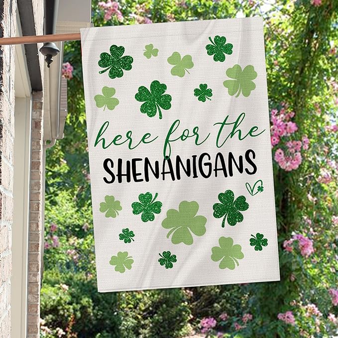 St Patricks Day Flag 28x40 Inch Double Sided Outside, Here For The Shenanigans Shamrocks Clovers Burlap Flag Decorations Outdoor Yard Decor