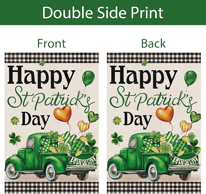 Shamrock Happy St Patrick's Day Garden Flag 12x18 Inch Double Sided, Burlap Green Lucky Clover Truck Holiday Yard Flag for Outside Yard Decoration