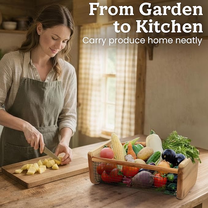 HOMESTEAD Garden Hod Harvest Basket, Durable Acacia Wood Frame with Rotating Handle, Farmhouse Basket for Home Improvement, Gardening, Farm, Kitchen, Indoor Outdoor Use