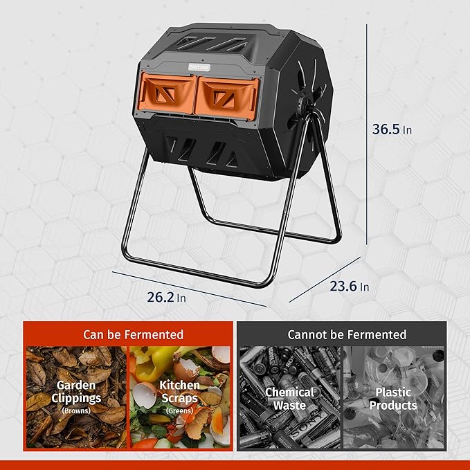 East Oak Compost Tumbler Outdoor, 43-Gallon Tumbling Compost Bin with 2 Sliding Orange Doors & Aeration System, Tumbling Rotating Composter Bin for Kitchen, Garden, Yard,