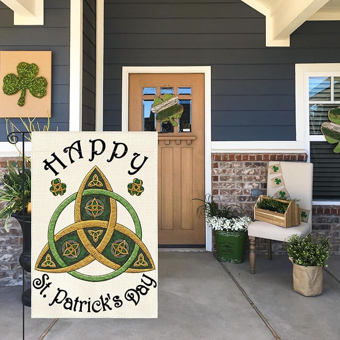 AVOIN colorlife Trinity Happy St Patricks Day Garden Flag 12x18 Inch Double Sided Outside, Shamrock Clover Welcome Yard Outdoor Decoration