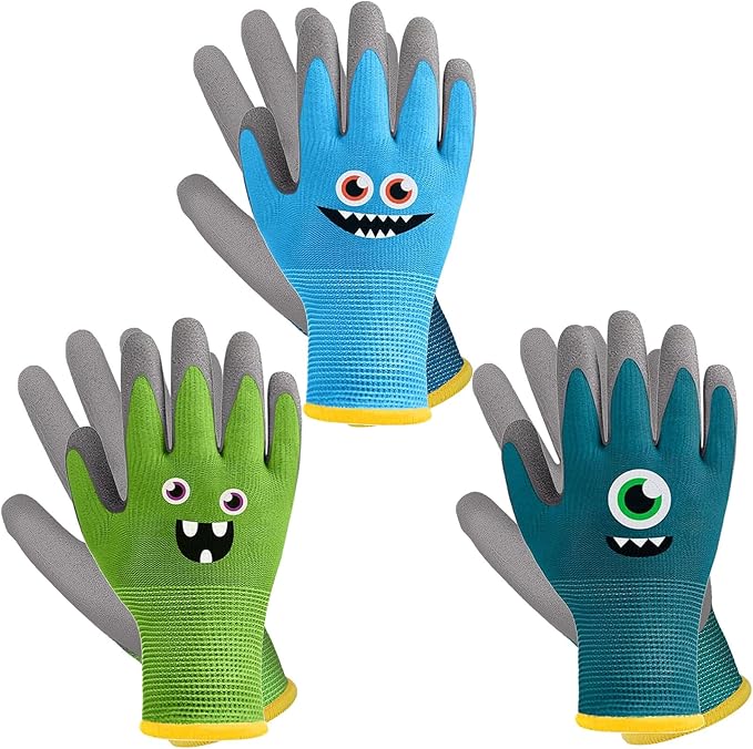 3 Pairs Kids Gardening Gloves Children Yard Work Gloves Soft Rubber Coated Garden Gloves for Toddlers Girls Boys