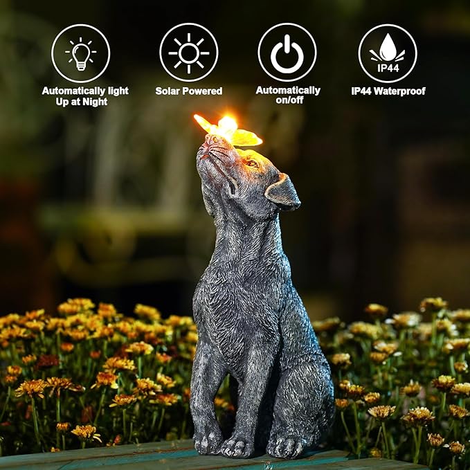 Goodeco Dog Statue with Solar Butterfly - Ideal Gifts for Mom, Dad or Birthdays, Beautifully Crafted Outdoor Decorations to Wow Your Guests
