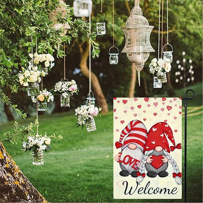 12x18 Inch Valentines Day Garden Flag Double Sided, Lovely Gnomes Yard Flag for Outdoor Decoration