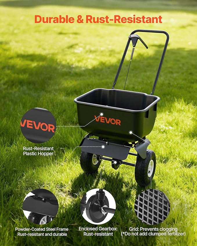 VEVOR Push Lawn Spreader, 12ft Spreading Width, Broadcast Spreader with 80lbs Load Capacity & 10 in All-Terrain Tires, Walk-Behind Garden & Lawn Broadcast Spreaders for Seed Fertilizer, Salt Ice Melt