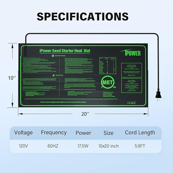 iPower 10" x 20" Waterproof Durable Seedling Heat Mat Warm Hydroponic Plant for Indoor Gardening Germination Starting, 2 Pack