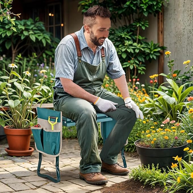 LEMY 2 in 1 Garden Kneeler and Seat - Wide 25 in Portable Heavy Duty Folding Garden Stool for Women Men Seniors, w/EVA Foam Kneeling Pad, 2 Removable Tools Pouches, Steel Frame,No Assembly