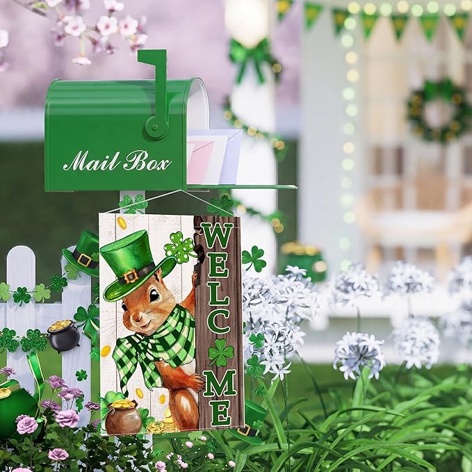 St Patricks Day Garden Flag 12x18 Inch Double Sided Outside, The Squirrel Lucky Shamrock Burlap Garden Flags Decorations, Green Hat with Clovers Gold Coin Pot Outdoor Decor
