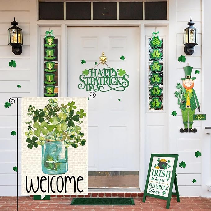 AVOIN colorlife Welcome Watercolor Lucky Clover St Patricks Day Garden Flag Double Sided, Shamrock Jar Yard Outdoor Flag 12x18 Inch
