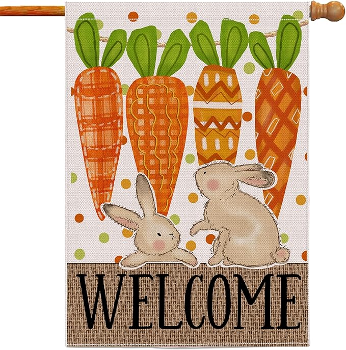 Easter Flag 28x40 Inch Double Sided Outside, Carrots Bunny Easter Flag Burlap Decorations Outdoor Yard