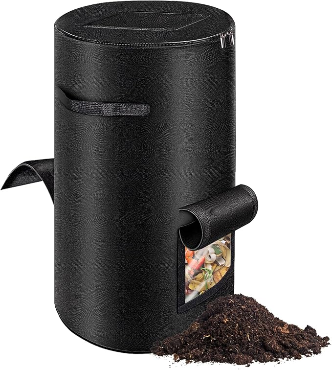 Compost Bins Outdoor with Observation Windows, 34 Gallon Reusable Home Compost Bucket for Outside Garden, Backyard, Heavy Duty Nonwoven Fabric Yard Waste Bag (1 Pack, Black)