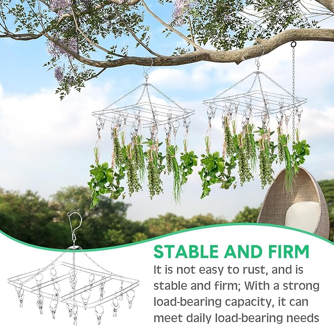 Bokon 4 Pcs Hanging Drying Rack for Herb Macrame Flower with Stainless Clip Dryer Hook for Drying Herb Air Plants Spices Flower Hydroponic Plant Ready to Use with Ceiling Hook(Rectangle)