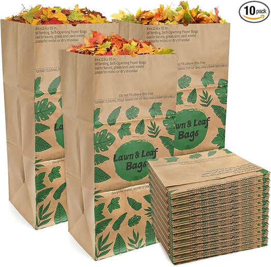 YOUEON 10 Pack 30 Gallon Leaf Bags Brown Paper, 2-Ply Heavy Duty Lawn and Refuse Bags, Yard Waste Bags for Home, Garden, Yard, Self Standing and Tear Resistant
