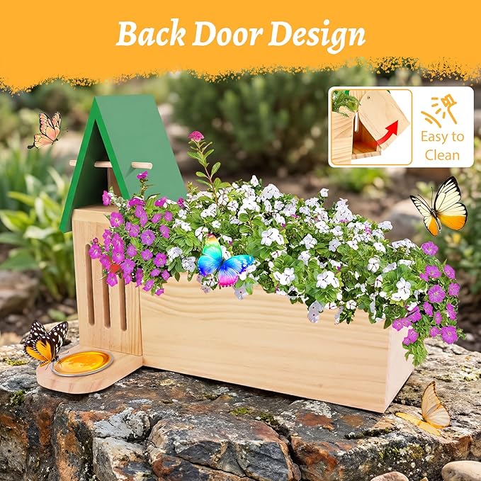 Butterfly House and Feeder with Flower Pot for Outside, 3-in-1 Wooden Butterfly House for Garden, Natural Butterfly Habitat with Butterfly Puddler for Garden Decor