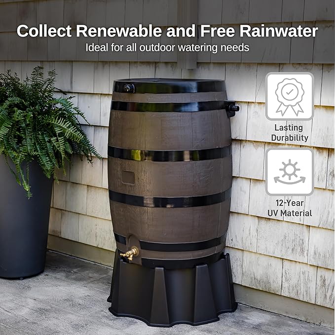 RTS Home Accents 50-Gallon Rain Barrel with Link Kit, Flat Back Rain Water Collection Barrel, Link Kit Included, Woodgrain with Black Stripes (2 Pack)