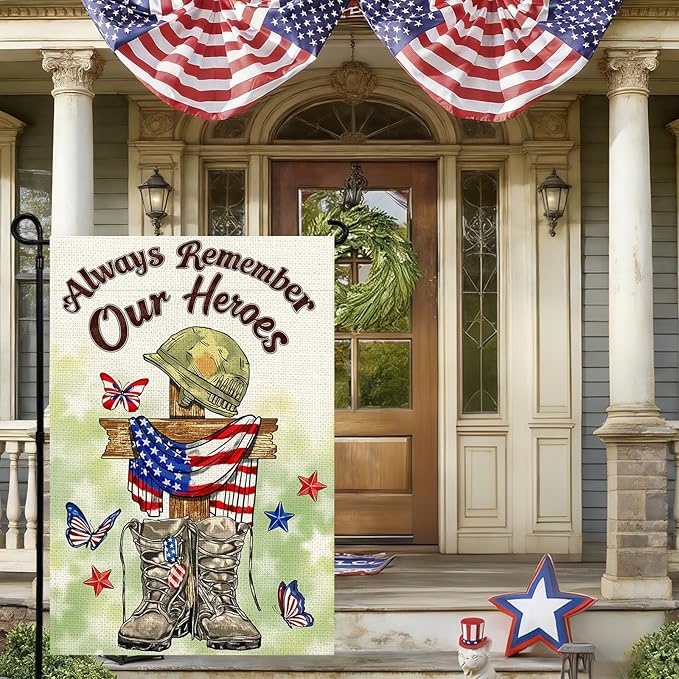 Memorial Day Garden Flag 12x18 Inch, Always Remember Our Heroes Double Sided Patriotic Flag for Yard Outdoor Decoration