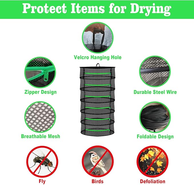 6 Tier Mesh Zippered Herb Drying Rack Hanging with Hook, Outdoor Foldable Drying Tents for Plants, Seeds