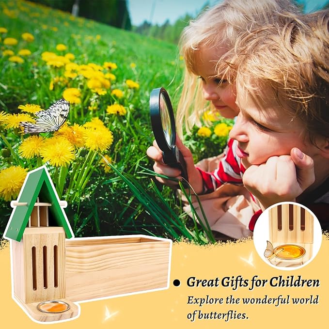 Butterfly House and Feeder with Flower Pot for Outside, 3-in-1 Wooden Butterfly House for Garden, Natural Butterfly Habitat with Butterfly Puddler for Garden Decor