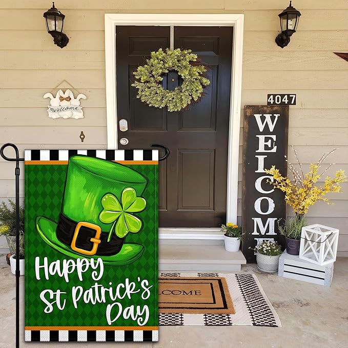Happy St Patricks Day Garden Flag 12x18 Inch Shamrock Top Hat Garden Flag for Outdoor Indoor House Outside Yard Green Shamrock Holiday Signs Decorations