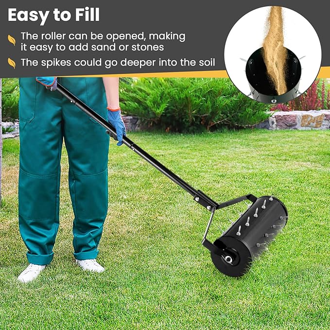 Goplus Rolling Lawn Aerator, 18-Inch Garden Yard Rotary Push Tine Filled Sand Stone, Heavy Duty Spike Soil Aeration w/Metal Handle, Fillable Drum 51" Manual Lawn Aeration Tool Garden Grass Patio Yard