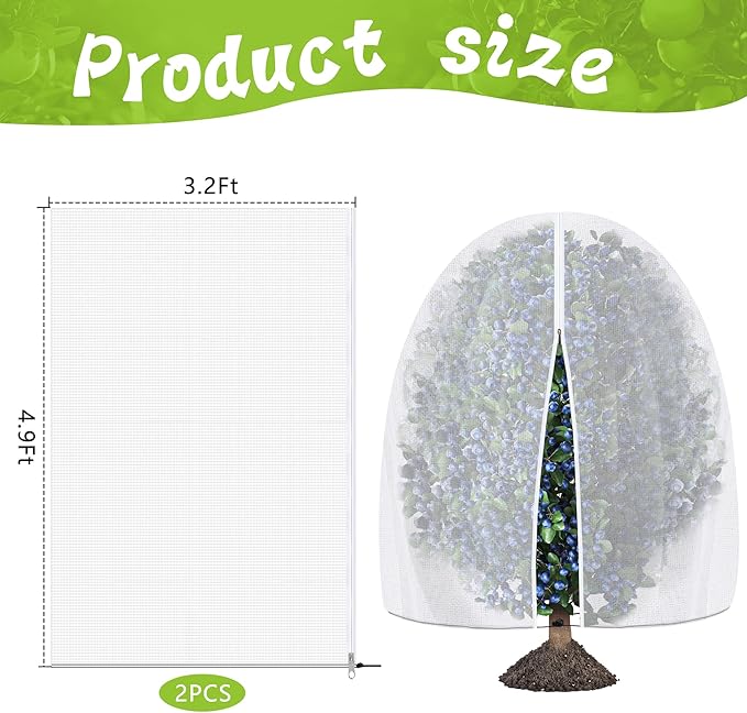 2 Pcs Fruit Tree Netting with Zipper & Drawstring, 4.9 x 3.2 Ft Garden Bird Netting Plant Cover, Blueberry Tomato Insect Bird Barrier Tree Net Protection Cover for Protecting Plants Vegetables Fruits