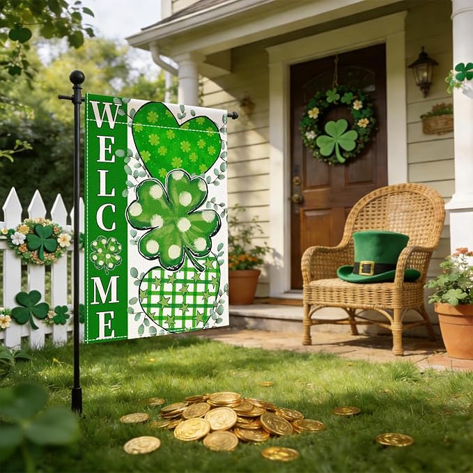 St. Patrick's Day Garden Flag 12x18 Inch Double Sided for Outside Green Clover Heart Small Burlap welcome Holiday Outdoor Lawn Farm House Yard Flag Decor
