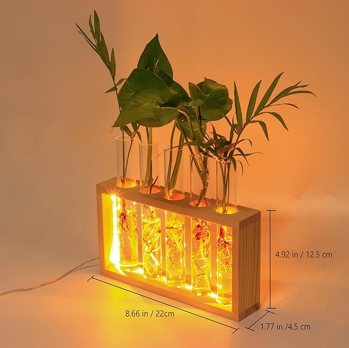Plant Propagation Station with LED Lights, Plants Terrarium with Wooden Stand, 5 Glass Test Tube Vases for Propagating Hydroponic Plants Cutting Office Home Desk and Garden Decor Gift for Plant Lovers