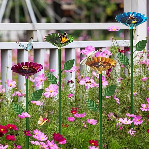 4 Pack Bee Watering Station, Bee Baths for Garden with Glass Marbles, Colorful Metal Butterfly Bird Water Feeder Supplies for Outdoor Garden Yard Farm Decor Flower Design (Green,Red,Blue,Yellow)