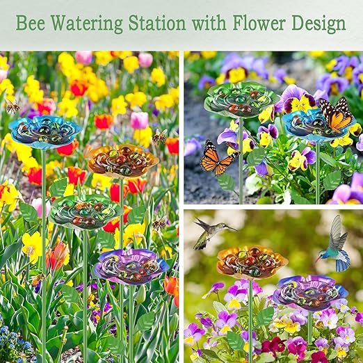 4 Pack Bee Watering Station, Metal Bee Feeder with Glass Marbles, Flower Shape Bee Butterfly Watering Station Bee Waterer for Outdoor Garden Courtyard Decor