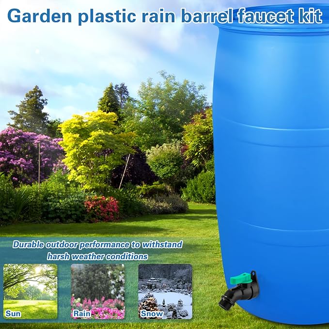 Rain Barrel Spigot Kit with High Flow Valve No Inside Access Needed,External Installation 1/2" NPT to 3/4" GHT Faucet for Plastic WaterTanks,Buckets,Rainwater Drums & Downspout Collectors