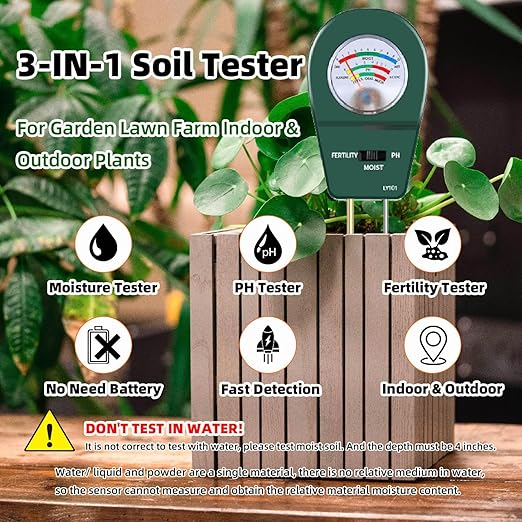 3-in-1 Soil Moisture Meter pH & Fertility Tester, No Battery Needed Plant Soil Test Kit for Houseplants, Garden, Lawn & Farm, Plug-and-Read Soil Acidity Meter for Indoor Outdoor Potted Plants (Green)