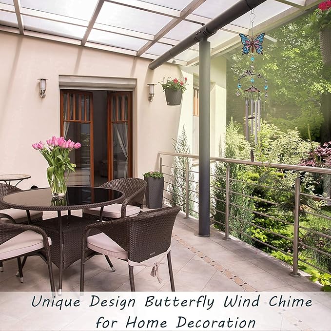 Blue Butterfly Wind Chimes - Wind Chimes for Outside Deep Tone 34 inches 5 Aluminum Tubes, Birthday, Memorial, Butterfly Gifts for Mom, Grandma, Daughter, Decor for Home, Garden, Patio, Backyard