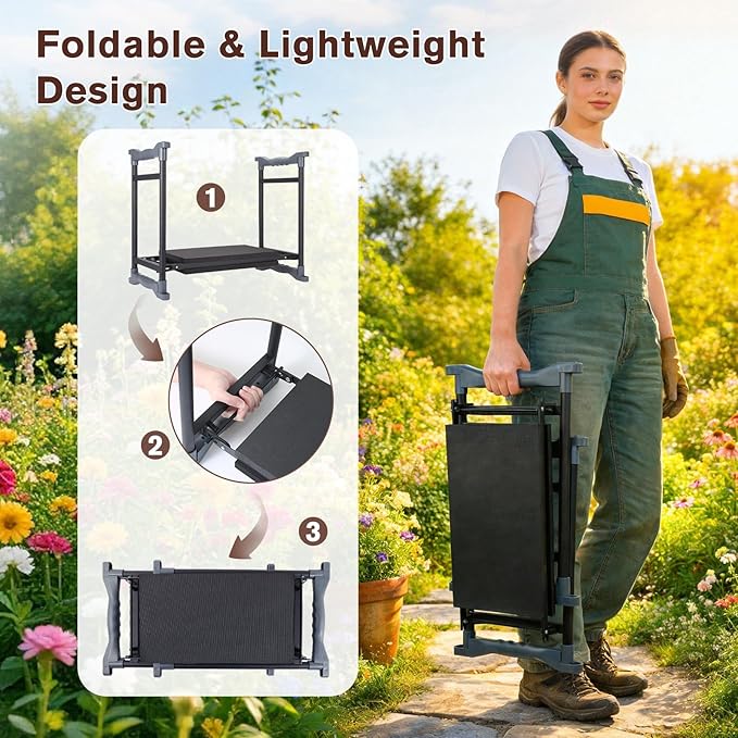 Garden Kneeler and Seat, Extra Wide Thick EVA Pad, Heavy Duty Foldable Garden Bench Holds 350lbs, Ergonomic Kneeling Stool with Garden Tool Pouches, Gardening Gifts for Women, Men, Seniors