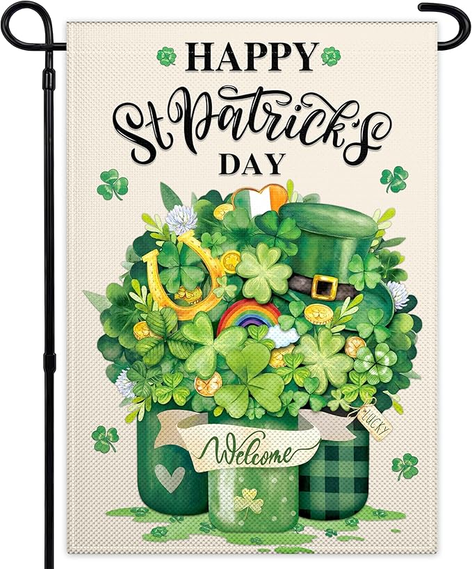 St Patrick's Day Garden Flag for Outside 12x18 Inch Double Sided Irish Welcome Garden Flag Green Shamrock Mason Jar Lucky Garden Flags for Outdoor Indoor House Yard Holiday Signs Decorations