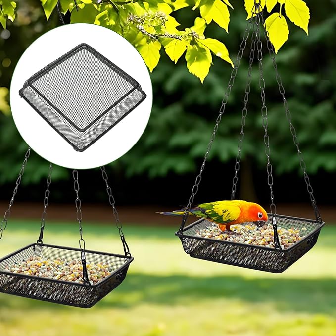 4 Pieces Hanging Bird Feeder Tray Platform Metal Mesh Feeder Seed Platform for Bird Feeding Outside Outdoors Wild House Hanging for Attracting Birds, Black(Square)