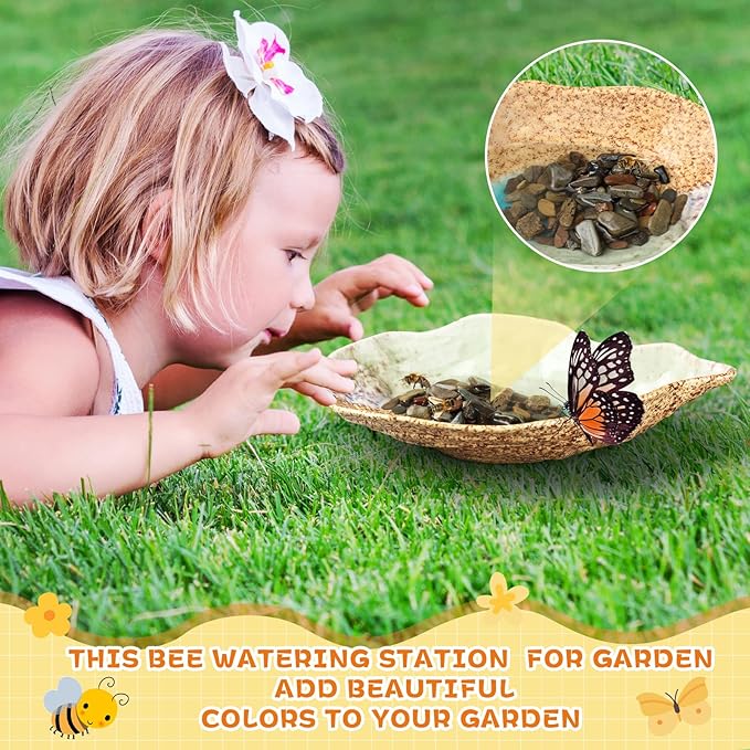Butterfly Watering Station Outdoor Bee Feeder Watering Butterfly Puddler Stone with Mineral River Rock, Lawn Decoration Insects Ceramic Bowl, Bee Water Station Home Yard Garden