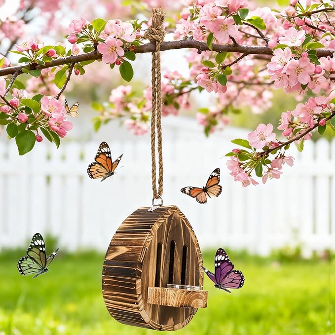 ZOOFOX Wooden Hanging Butterfly House, DIY Butterfly House Kit for Garden, Natural Butterflies Habitat with Feeder for Butterflies, Bees, Ladybug, Easy to Clean