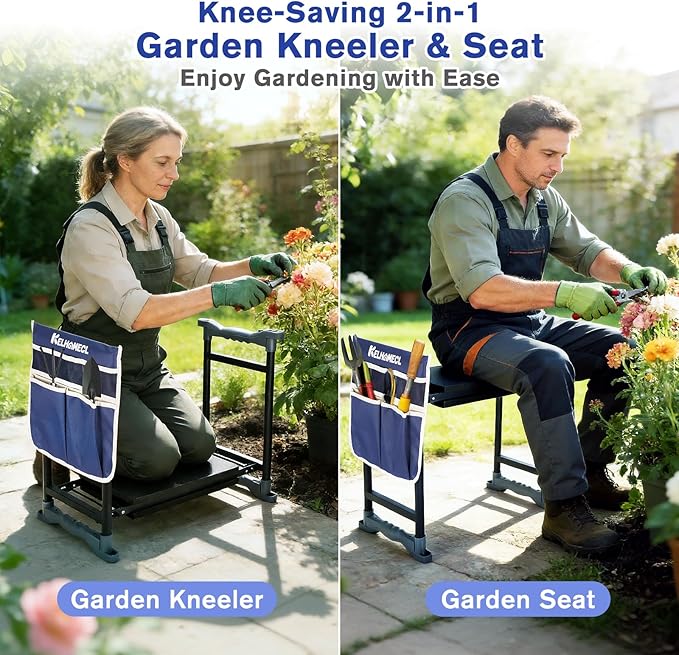 Garden Kneeler and Seat, Extra Wide Thick EVA Pad, Heavy Duty Foldable Garden Bench Holds 350lbs, Ergonomic Kneeling Stool with Garden Tool Pouches, Gardening Gifts for Women, Men & Seniors