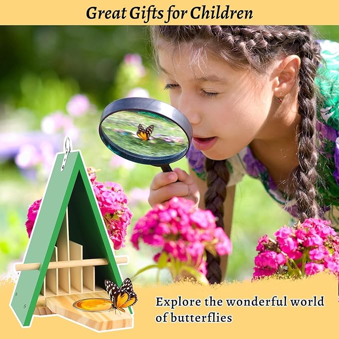 New Butterfly House and Feeder for Outside, Wooden Butterfly House with Metal Stake for Garden, Natural Butterfly Habitat with Butterfly Puddler on The Floor or Hanging on Tree Wall
