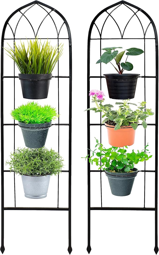 Sunnydaze Steel 2-Piece Arched Garden Trellis for Climbing Plants with 3 Folding Flowerpot Supports - 48"
